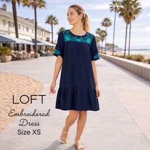 LOFT Embroidered Shift Dress XS Navy Blue Boho Floral Rayon Summer Mini